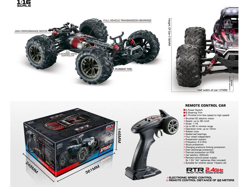 EP SAND BUGGY X-TRUCK SVART/RØD 4WD RTR 1:16